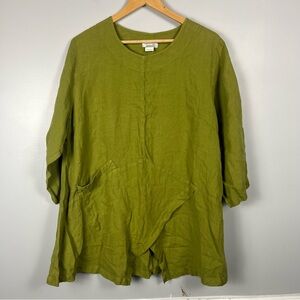 Mosaic USA green Lagenlook 100% linen green asymmetrical top size small